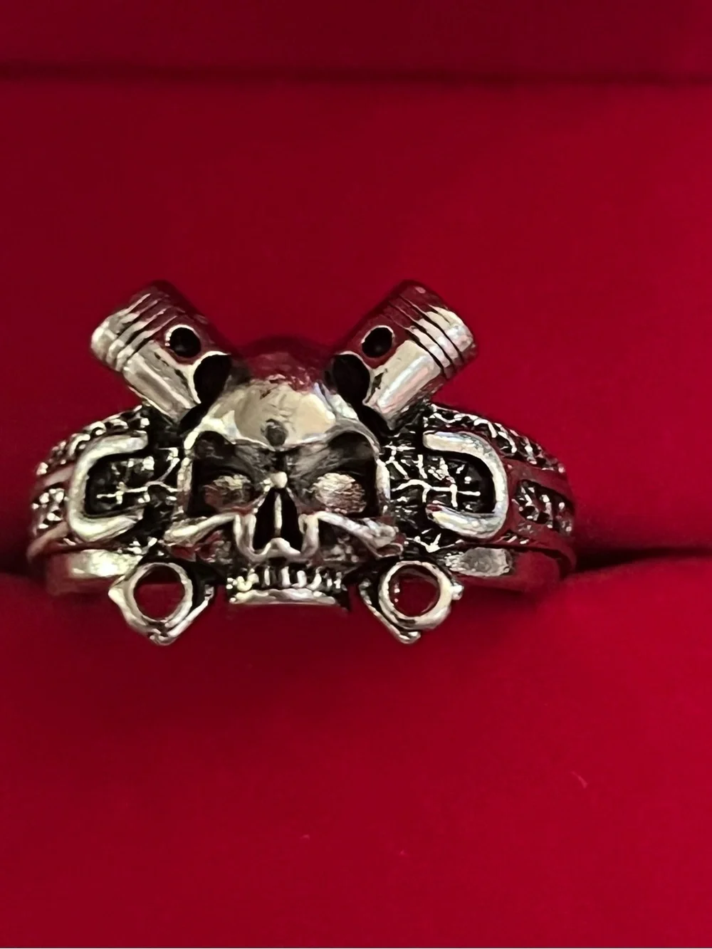 Men's Silver Skull & Pistons Ring - Gothic Biker Style Size 10